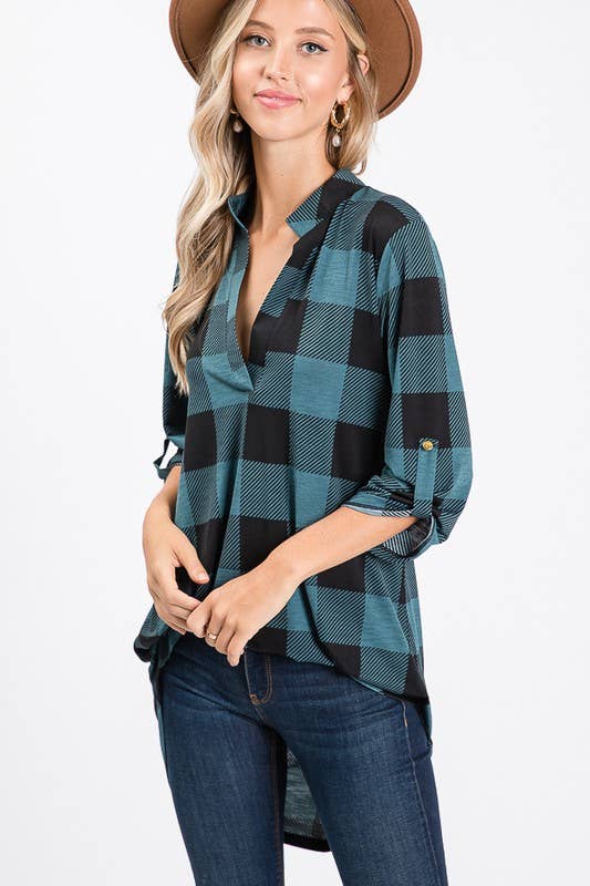 ST1454-20 PLAID TUNIC TOP: BLACK/IVORY / 2-2-2 (1X-2X-3X)