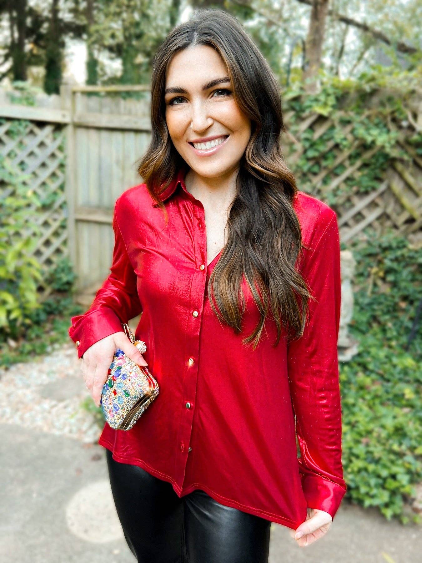 Halo Holographic Button-Up Blouse: Midnight Galaxy / L/XL