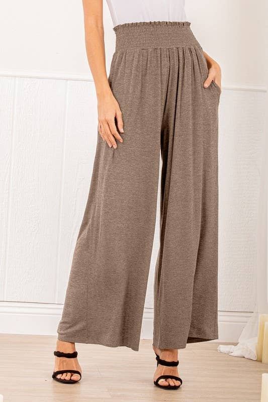 SP1123-10 FOLD OVER WIDE LEG SOLID PANTS WITH SMOCKED AND SI: MOCHA / 2-2-2 (1X-2X-3X)