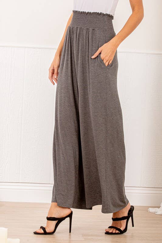 SP1123-10 FOLD OVER WIDE LEG SOLID PANTS WITH SMOCKED AND SI: MOCHA / 2-2-2 (S-M-L)