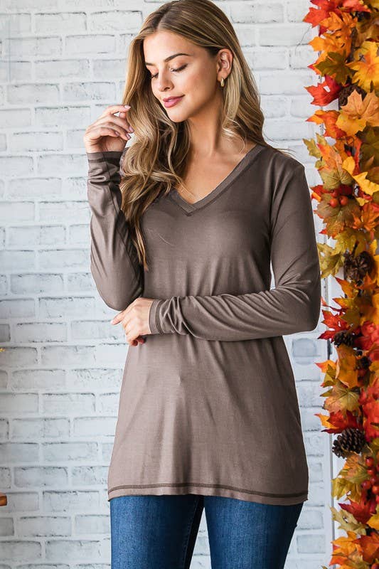 ET7014-10 V NECK SOLID TOP WITH STITCH: VINTAGE BROWN / 2-2-2 (1X-2X-3X)