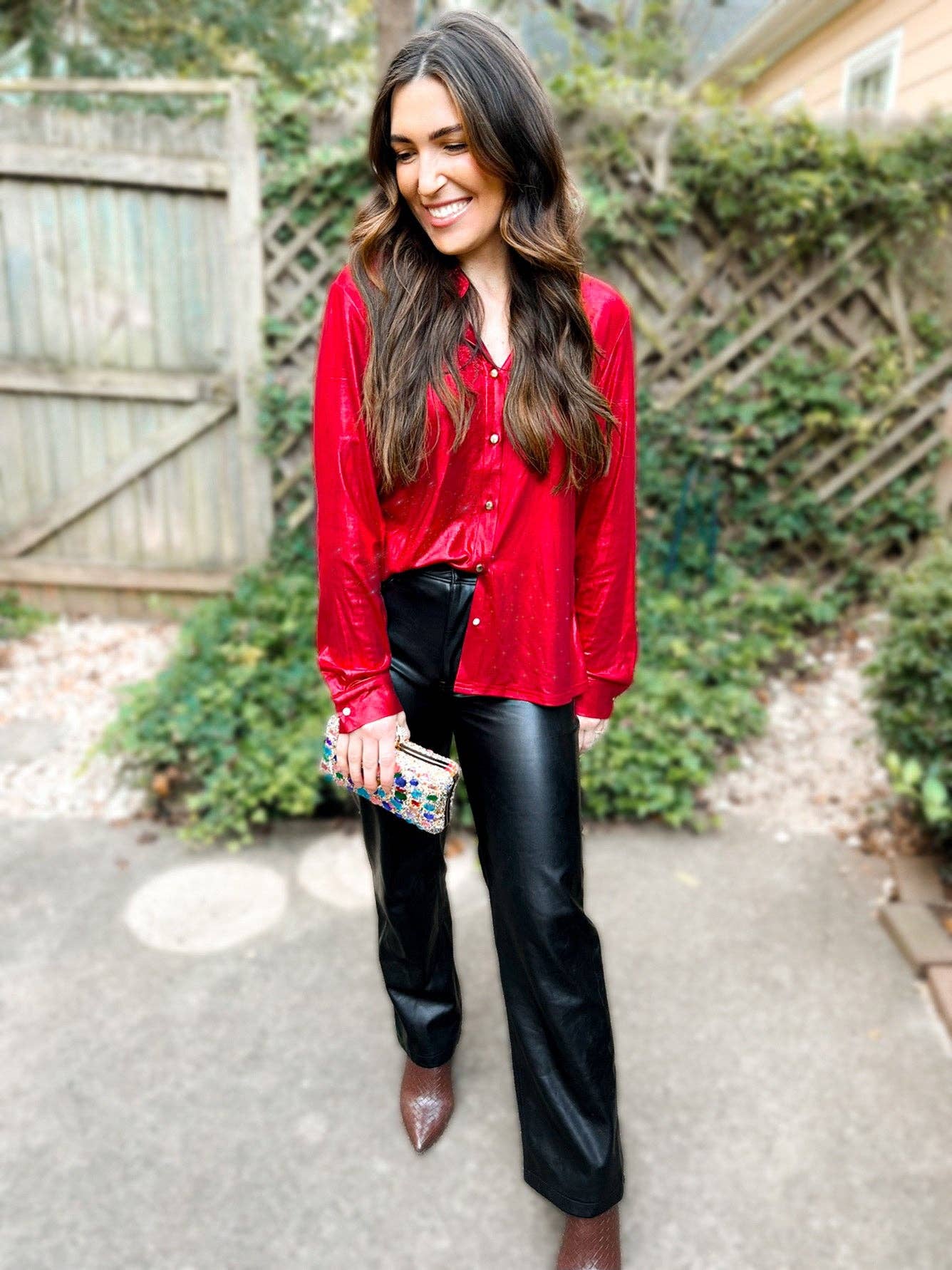 Halo Holographic Button-Up Blouse: Red Tinsel / L/XL