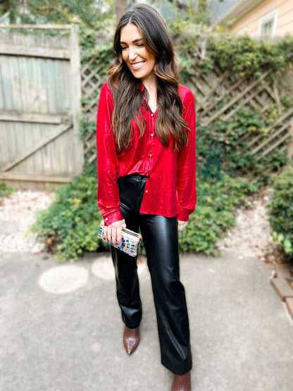 Halo Holographic Button-Up Blouse: Red Tinsel / L/XL