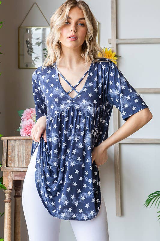 ET6117-28 BABYDOLL TOP: NAVY STAR / 2-2-2 (S-M-L)