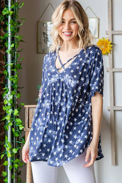 ET6117-28 BABYDOLL TOP: NAVY STAR / 2-2-2 (1X-2X-3X)