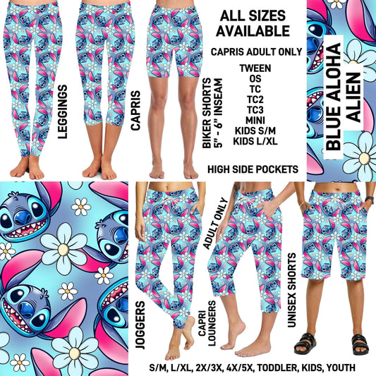 RTS - Blue Aloha Alien Biker/Capris/Leggings with High Side Pockets