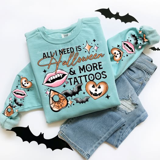 HALLOWEEN MORE TATTOOS - CREW SWEATSHIRT W/ SLEEVE PRINT