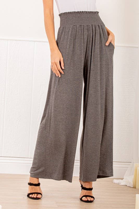 SP1123-10 FOLD OVER WIDE LEG SOLID PANTS WITH SMOCKED AND SI: MOCHA / 2-2-2 (S-M-L)