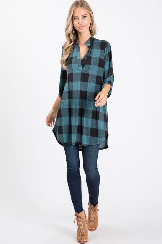ST1454-20 PLAID TUNIC TOP: BLACK/IVORY / 2-2-2 (S-M-L)