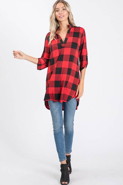 ST1454-20 PLAID TUNIC TOP: BLACK/RED / 2-2-2 (S-M-L)