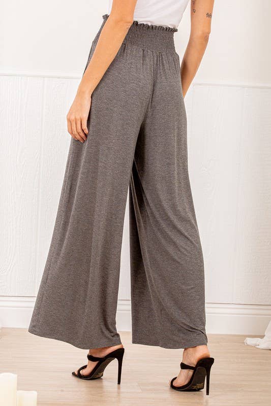 SP1123-10 FOLD OVER WIDE LEG SOLID PANTS WITH SMOCKED AND SI: MOCHA / 2-2-2 (S-M-L)