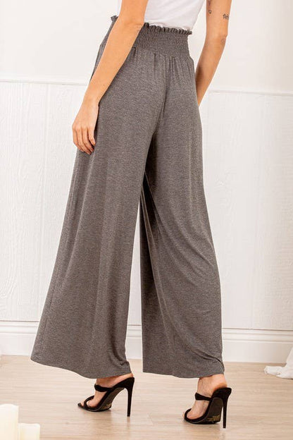 SP1123-10 FOLD OVER WIDE LEG SOLID PANTS WITH SMOCKED AND SI: MOCHA / 2-2-2 (1X-2X-3X)