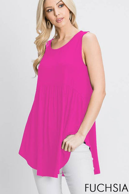 ST1748S SLEEVELESS ROUND NECK SOLID BABYDOLL TOP: FUCHSIA / 2-2-2 (S-M-L)