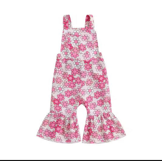 Pink Floral Button Bell Overalls