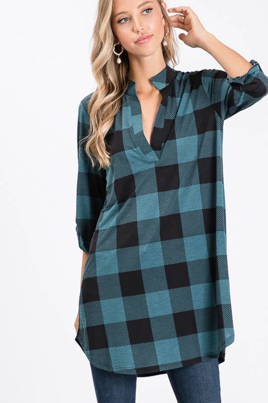 ST1454-20 PLAID TUNIC TOP: BLACK/IVORY / 2-2-2 (S-M-L)