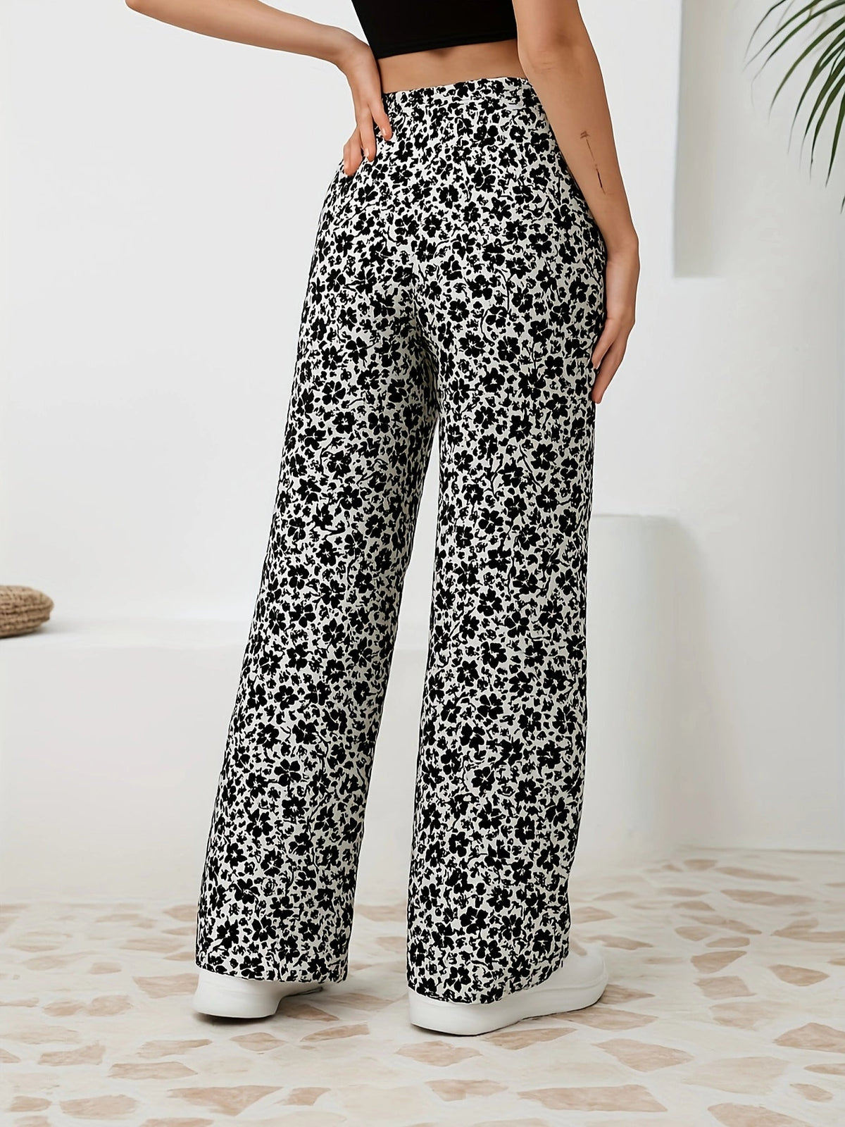 Floral Straight-Leg Pants – High-Waisted Flowy Wide-Leg Pants