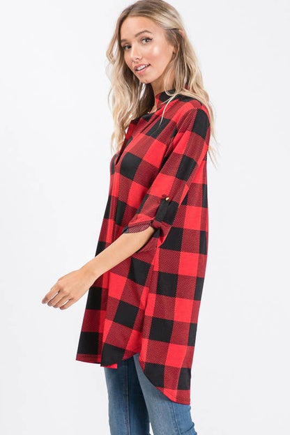 ST1454-20 PLAID TUNIC TOP: BLACK/IVORY / 2-2-2 (S-M-L)