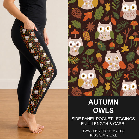 B308 - Preorder Autumn Owls Side Panel Pocket Leggings (Closes 8/16. ETA: late Oct.)