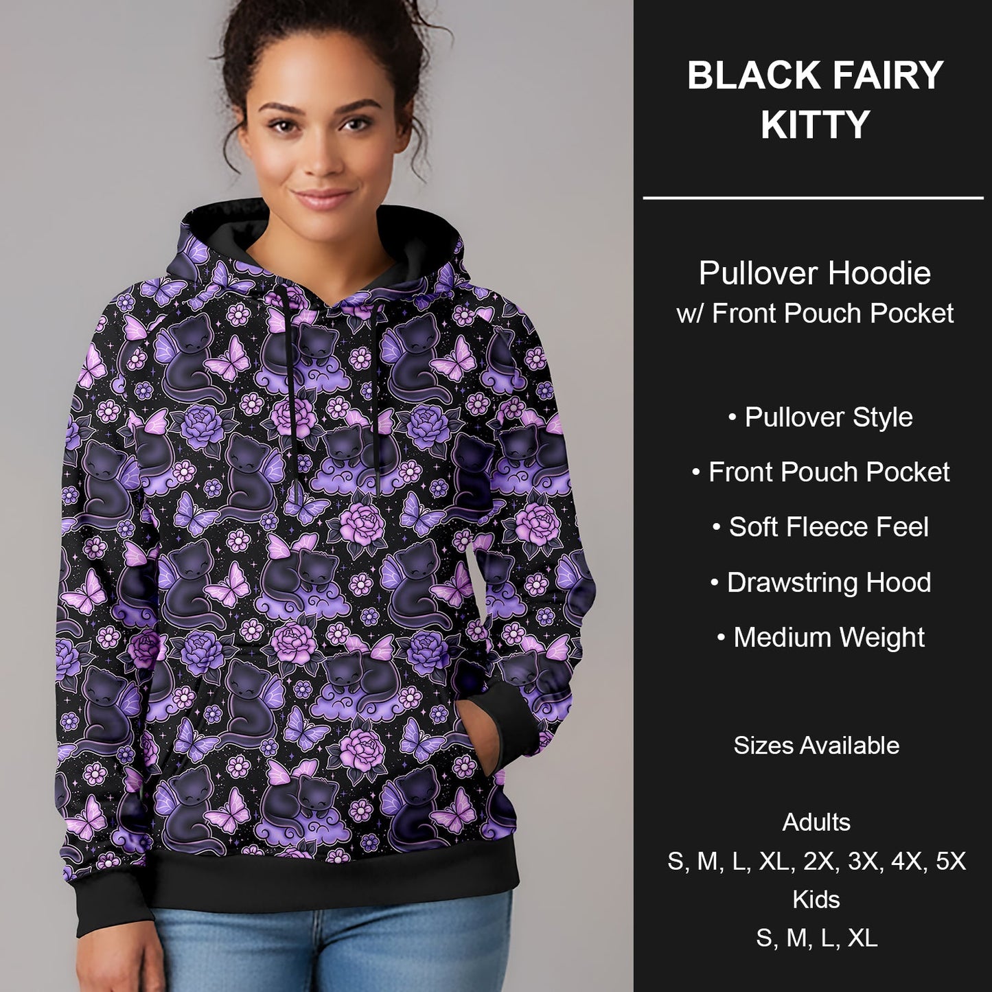 B266 - Preorder Black Fairy Kitty Pullover Hoodie (Closes 12/17. ETA late Feb.)
