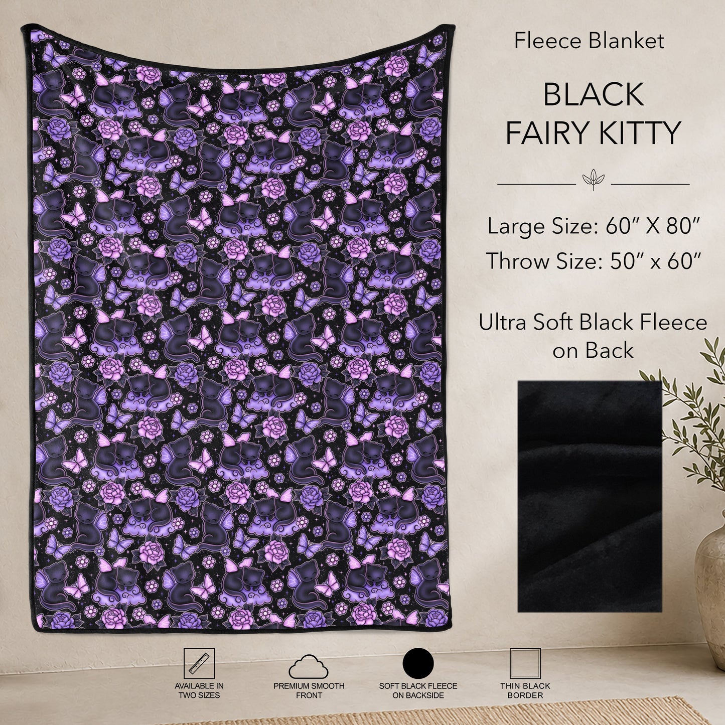 B304 - Pre-Order Black Fairy Kitty Fleece Blanket (Closes 7/31. ETA: early Oct)