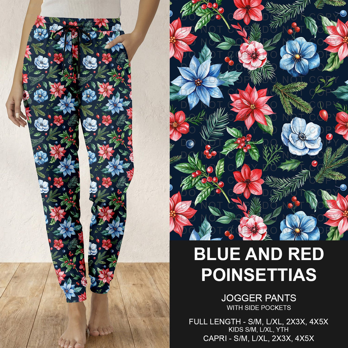 B313 - Preorder Blue and Red Poinsettias Joggers (Closes 9/20. ETA: late Nov.)