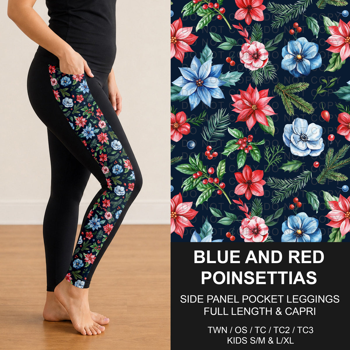 B313 - Preorder Blue and Red Poinsettias Side Panel Pocket Leggings (Closes 9/20. ETA: late Nov.)