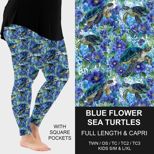 B278 - Preorder Blue Flower Sea Turtle Leggings w/ Pockets (Closes 3/15. ETA: late May)