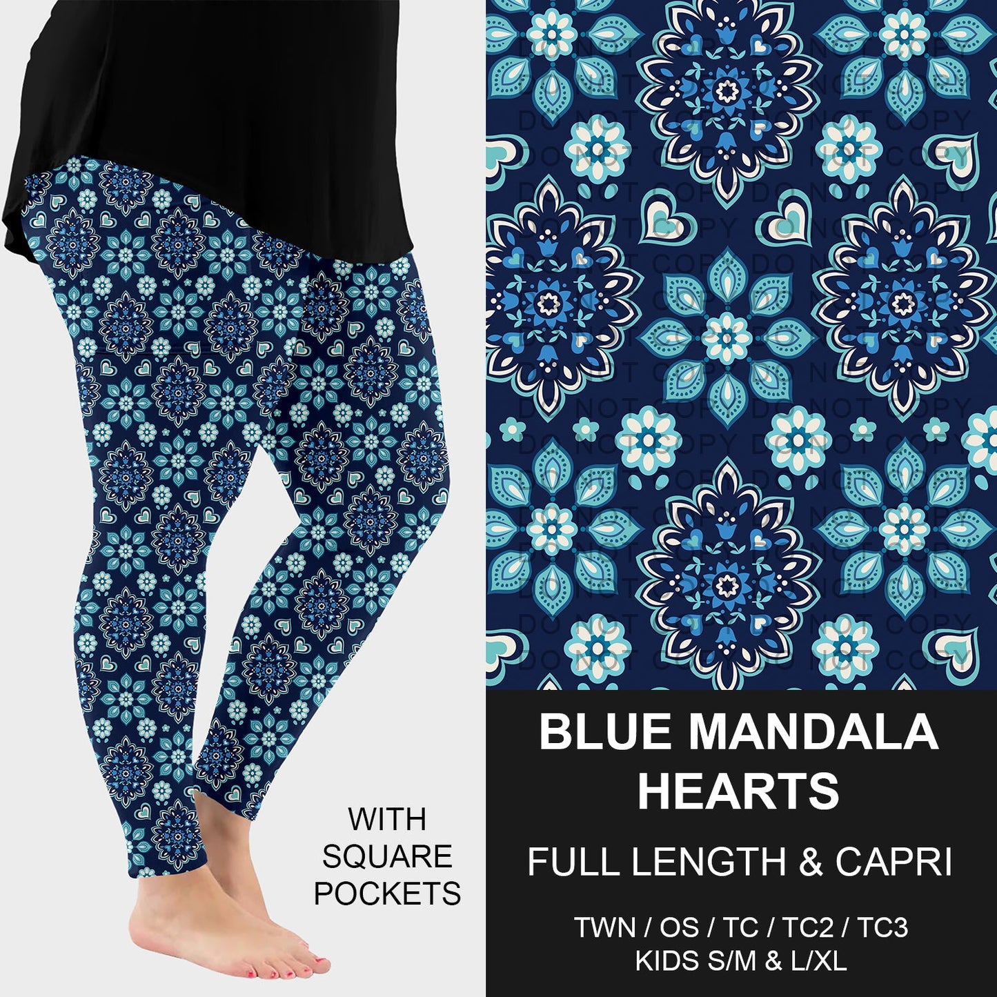B282 - Preorder Blue Mandala Hearts Leggings w/ Pockets (Closes 3/29. ETA: early June)