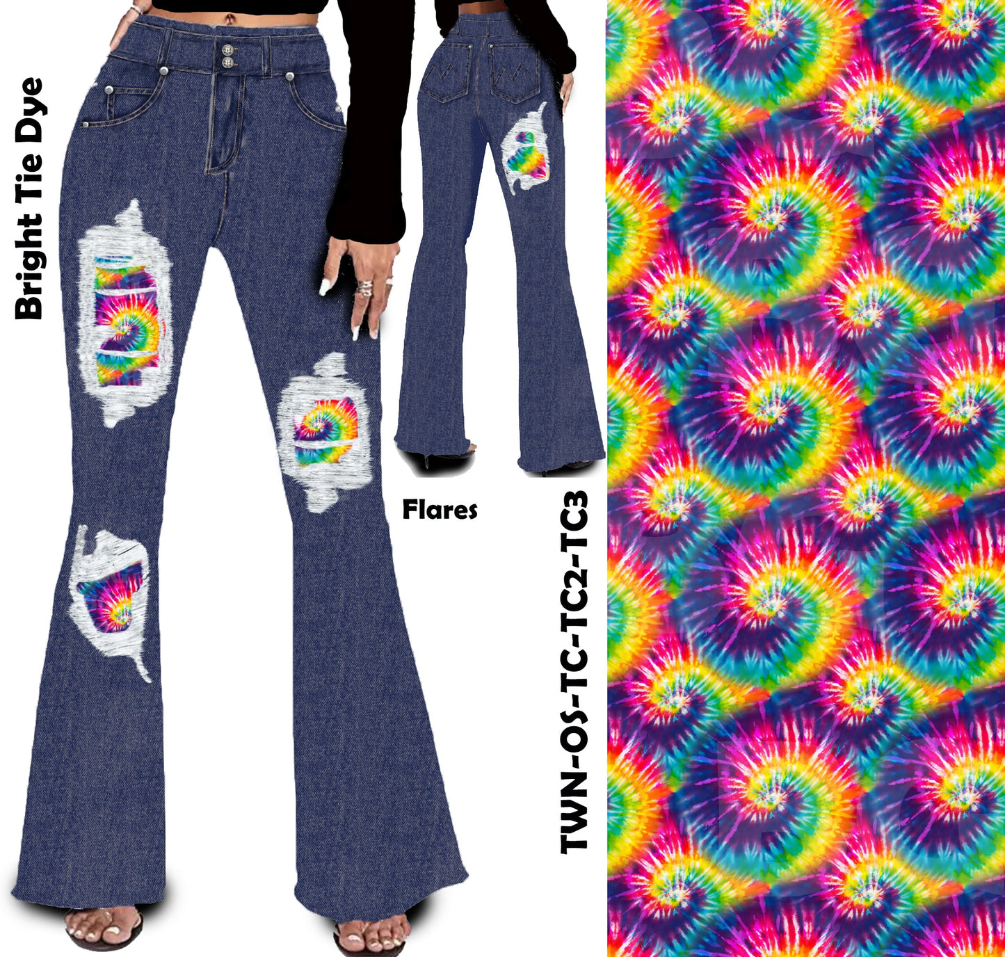 Bright Tie Dye Peek A Boo Faux Denim Yoga Flares with Pockets