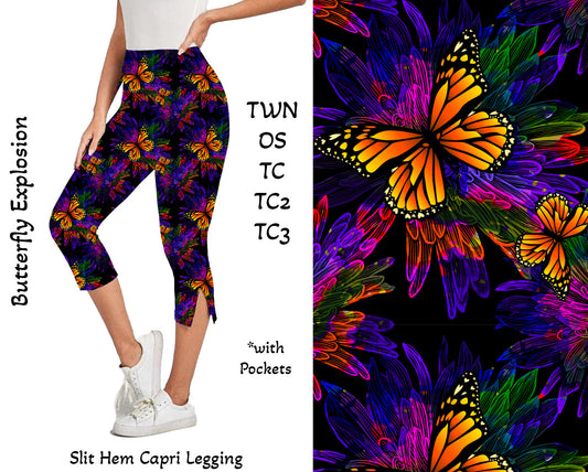 Butterfly Explosion Side Slit Hem Capri Leggings with Pockets