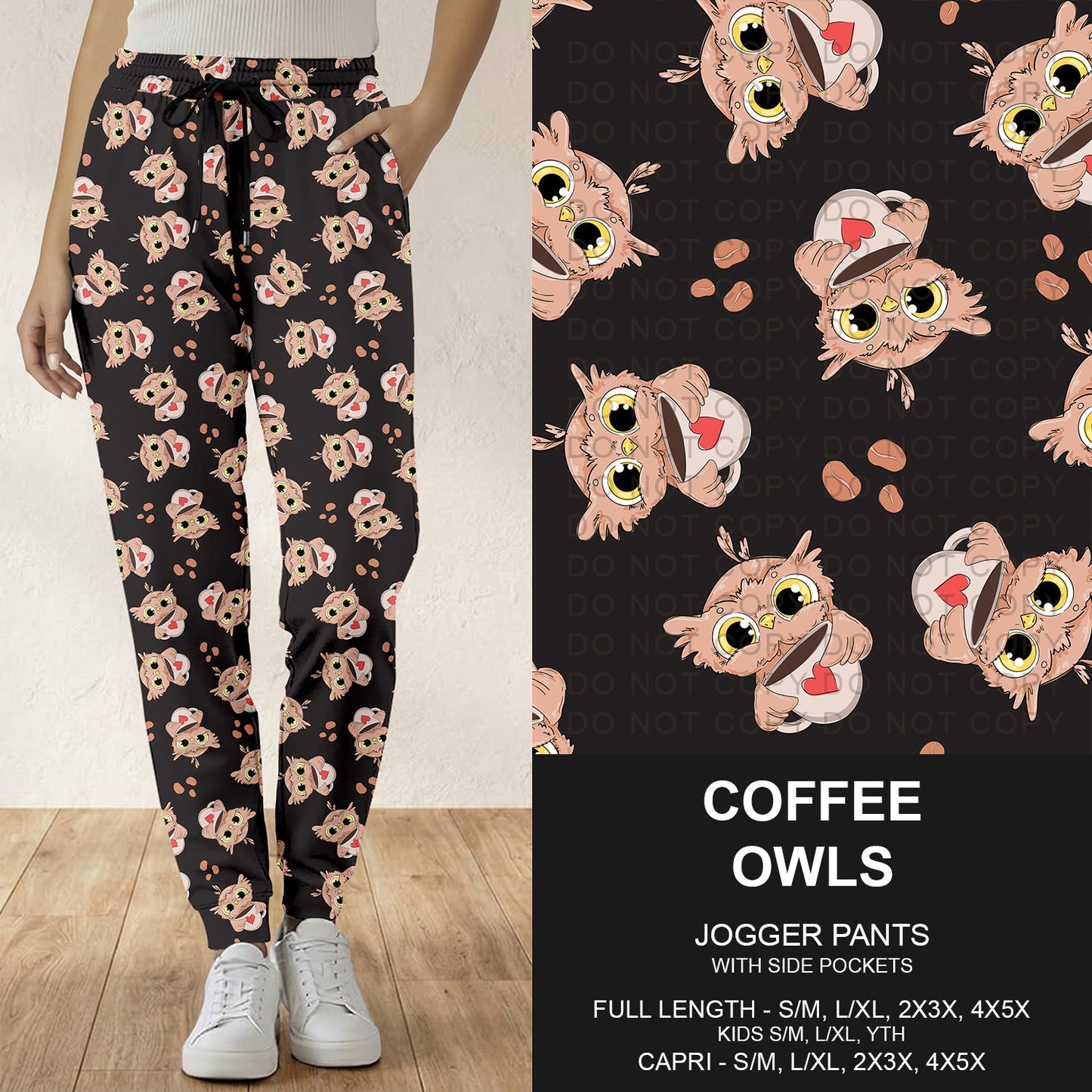 B296 - Preorder Coffee Owls Joggers (Closes 6/21. ETA: late Aug.)