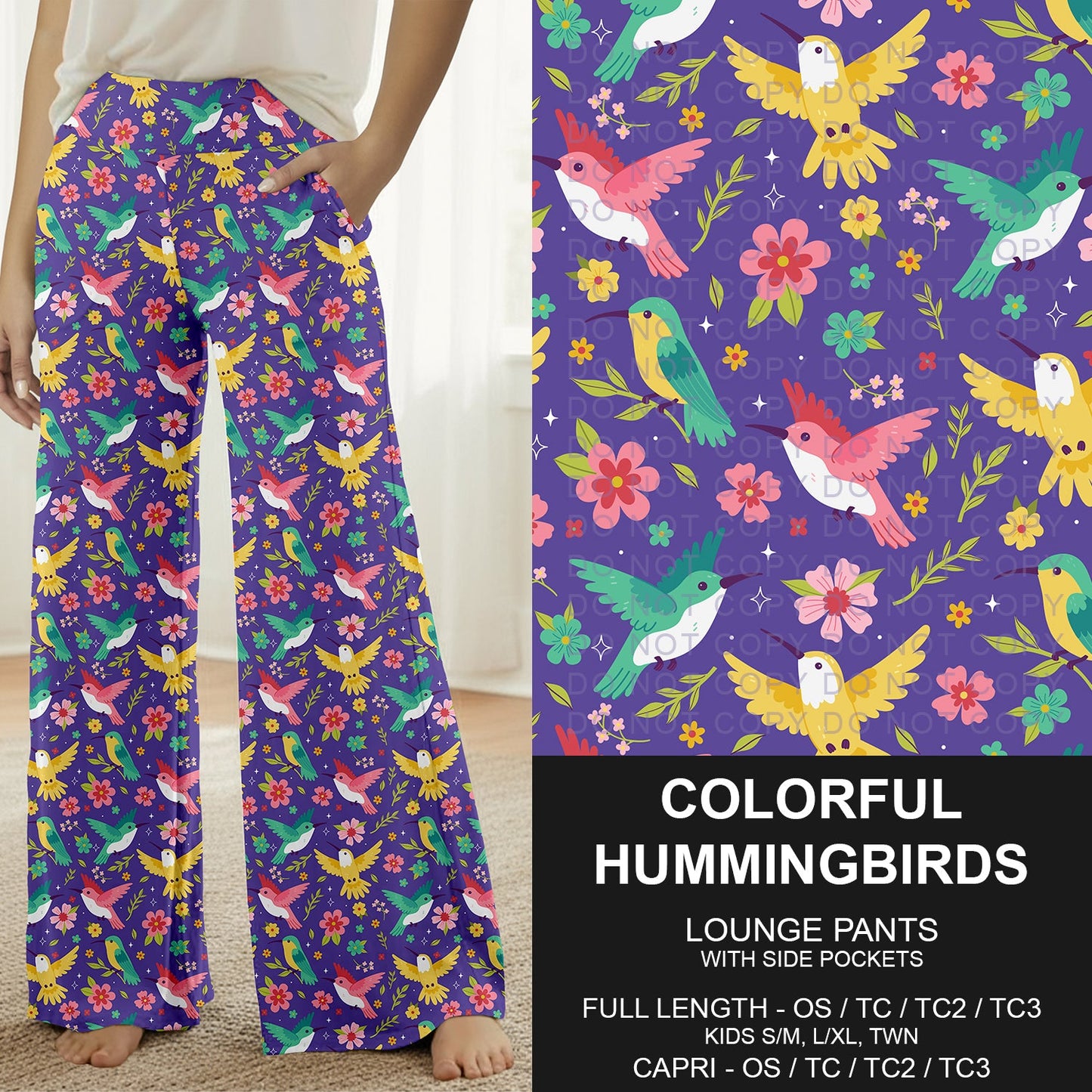 B294 - Preorder Colorful Hummingbirds on Purple Lounge Pants (Closes 6/07. ETA: early Aug.)