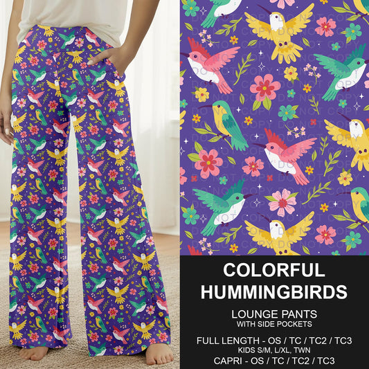 B294 - Preorder Colorful Hummingbirds on Purple Lounge Pants (Closes 6/07. ETA: early Aug.)