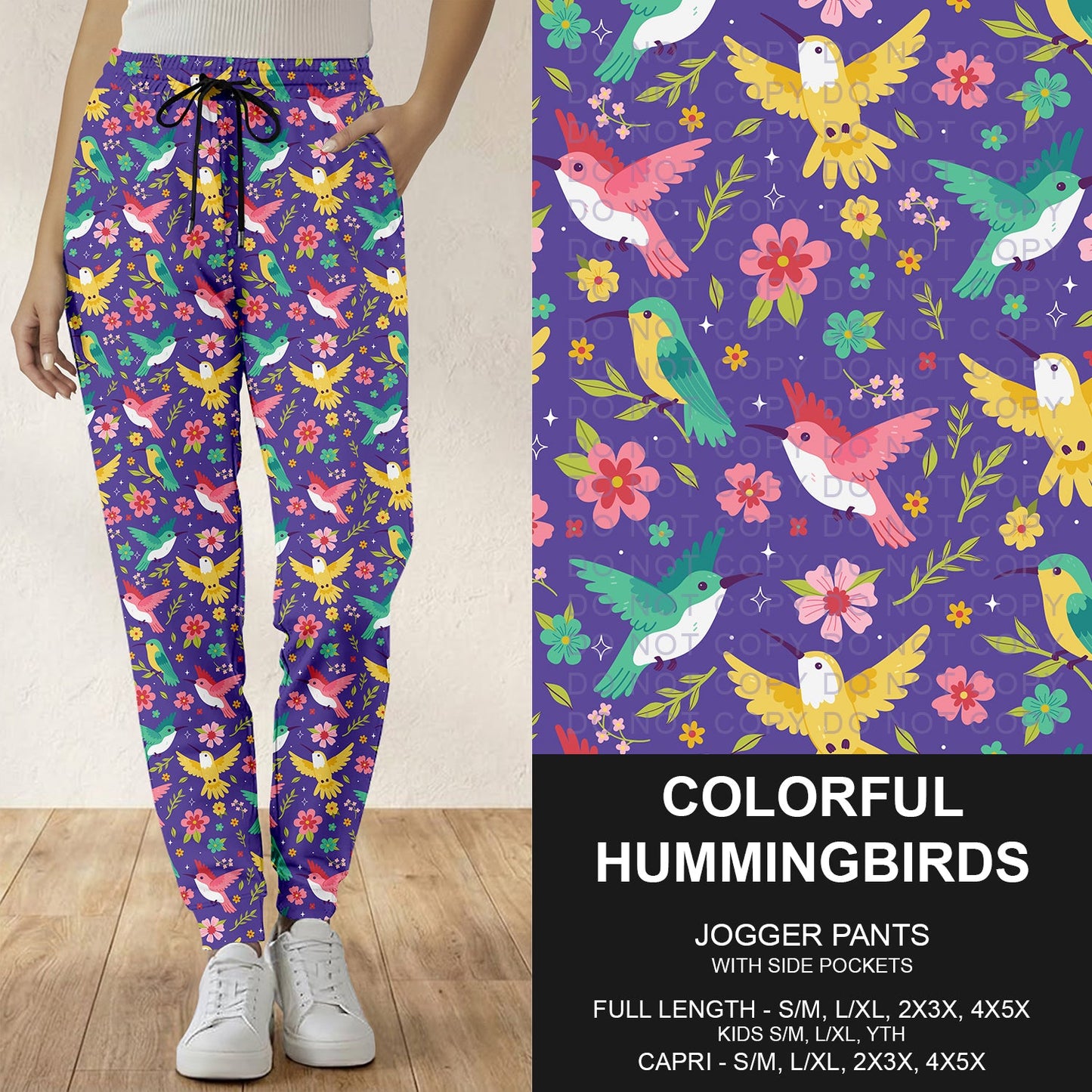 B294 - Preorder Colorful Hummingbirds on Purple Joggers (Closes 6/07. ETA: early Aug.)