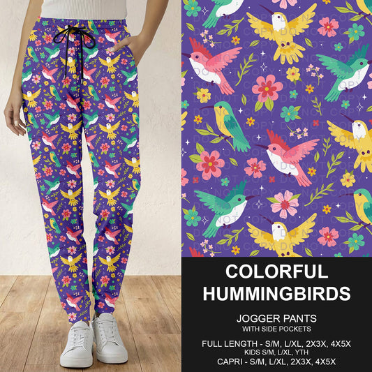 B294 - Preorder Colorful Hummingbirds on Purple Joggers (Closes 6/07. ETA: early Aug.)