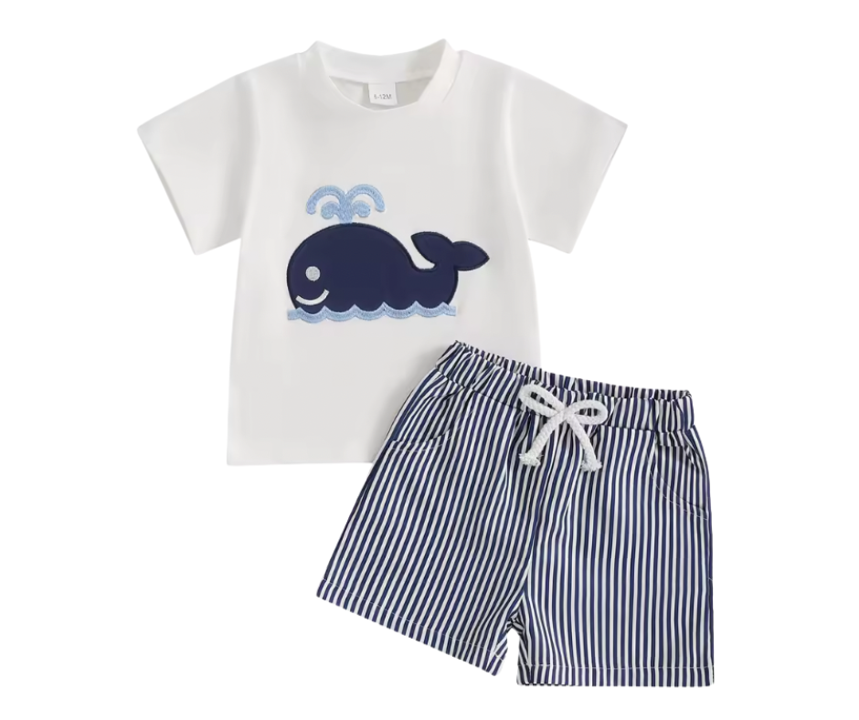 Blue Whale Embroidered Striped Short Set