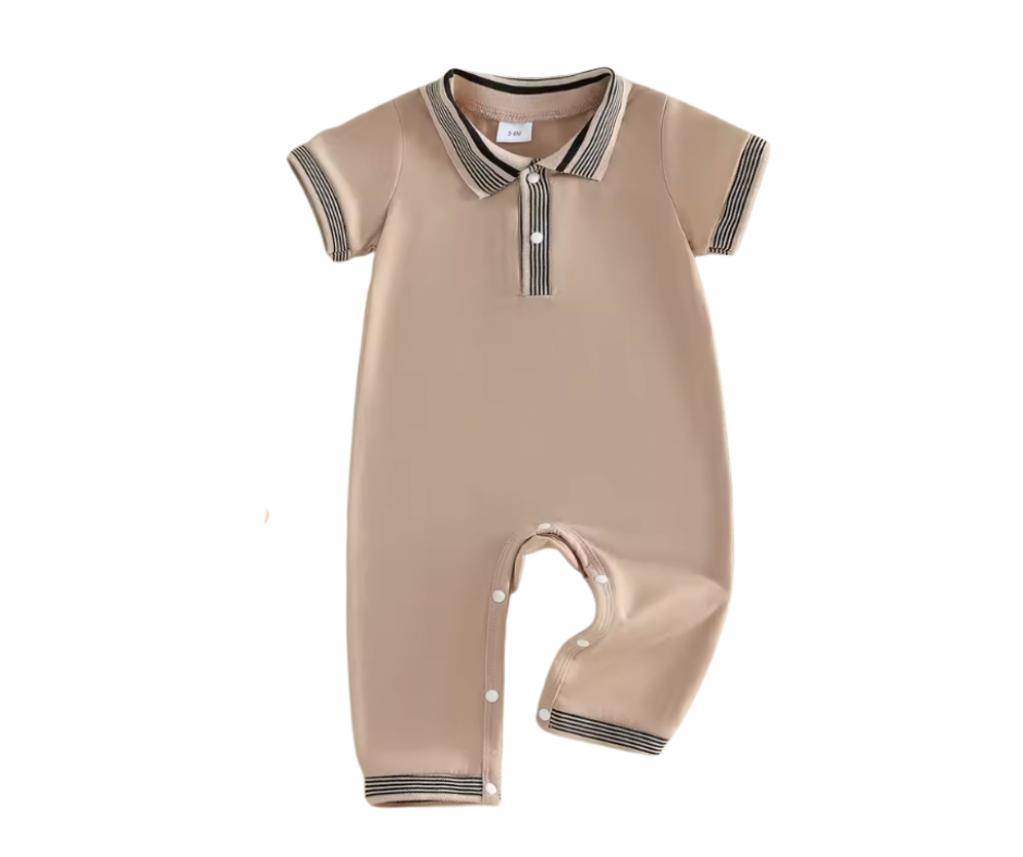 Tan Black Stripe Trim Romper