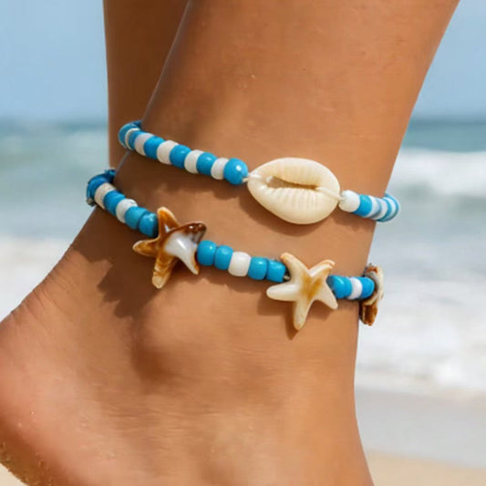 Coastal Cowrie 2-Piece Beaded Anklet Set