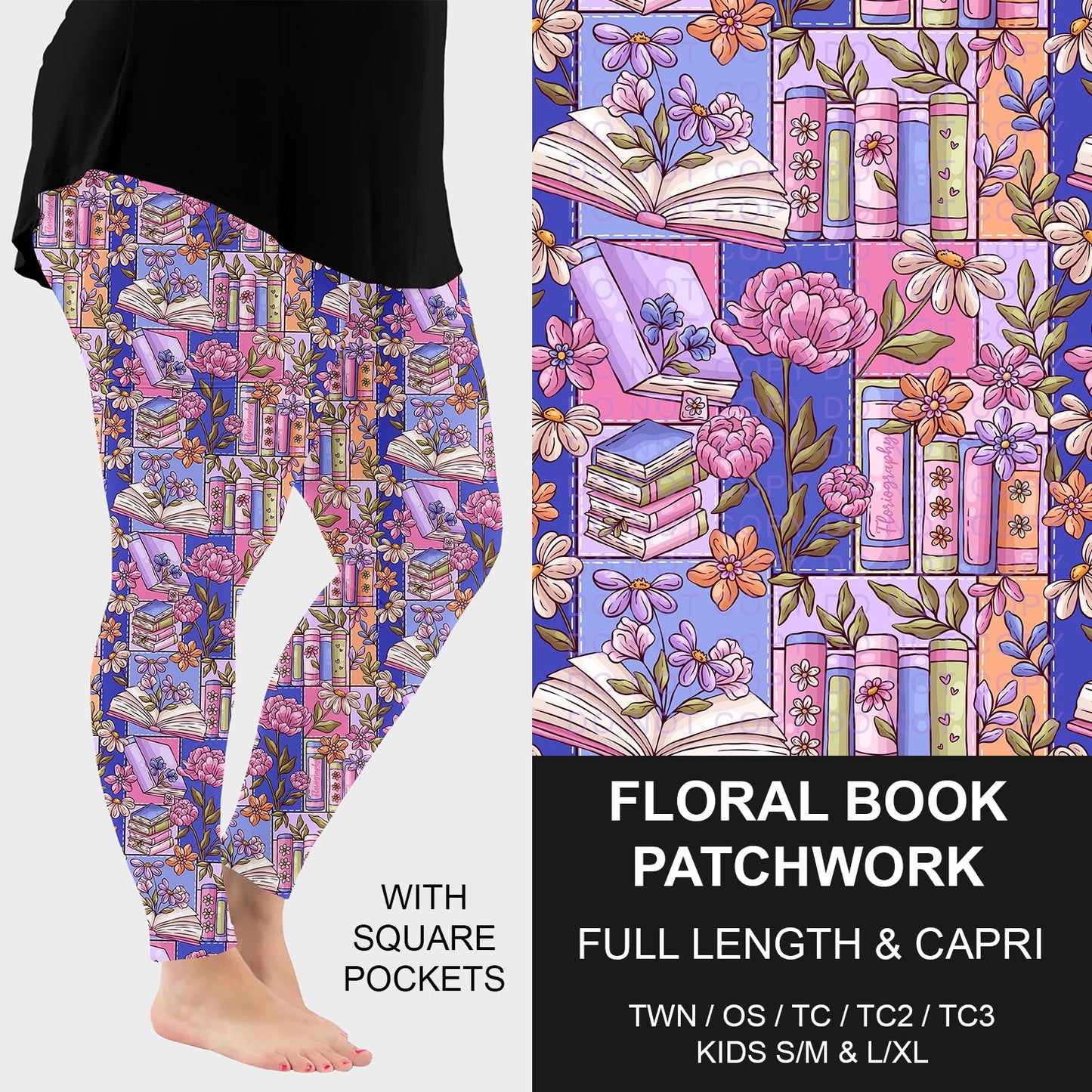 B265 - Preorder Floral Book Patchwork Leggings w/ Pockets (Closes 12/14. ETA: mid Feb.)