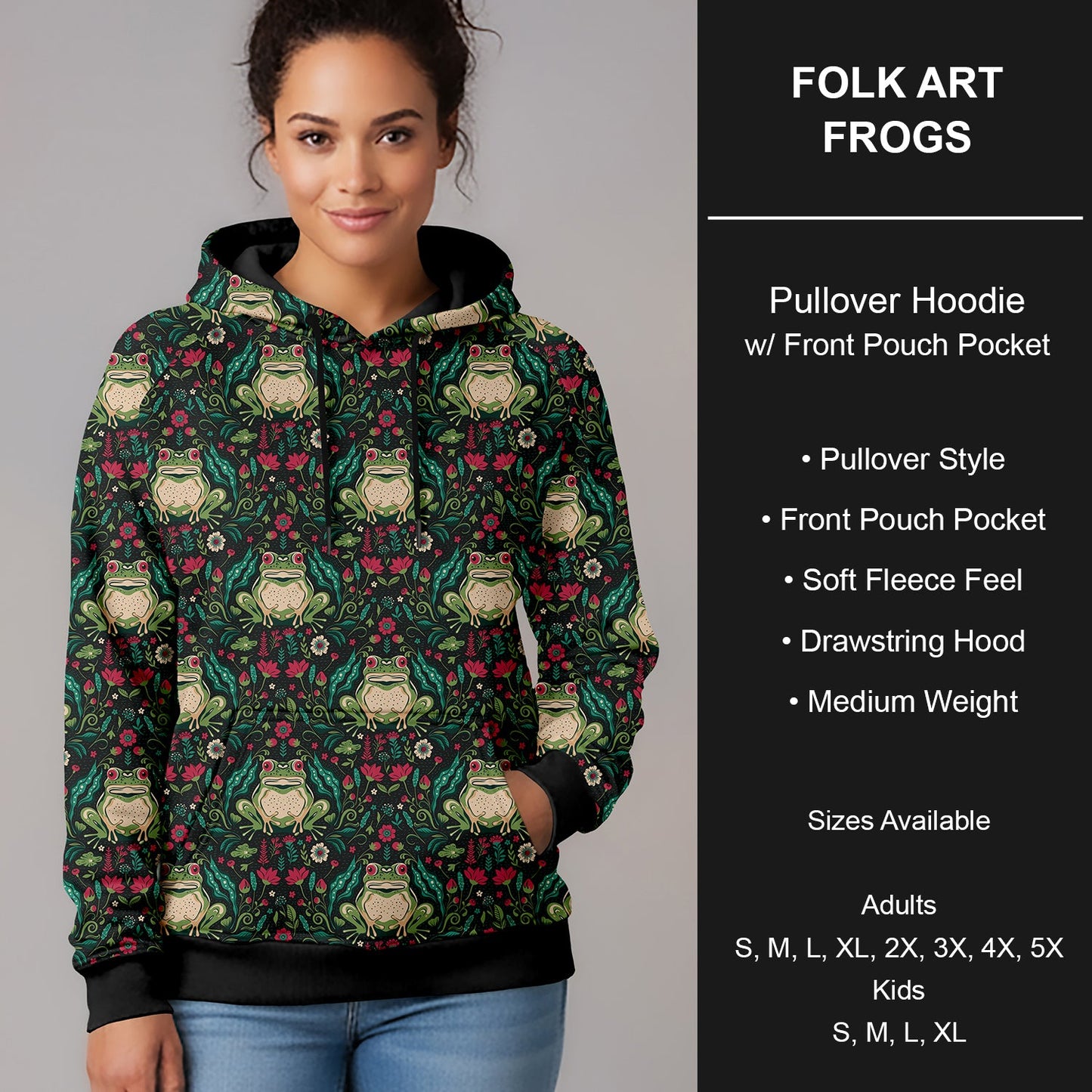 B266 - Preorder Folk Art Frogs Pullover Hoodie (Closes 12/17. ETA late Feb.)