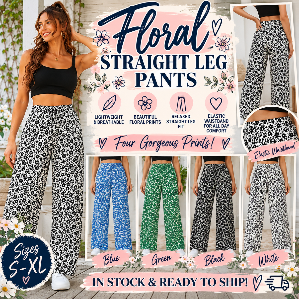 Floral Straight-Leg Pants – High-Waisted Flowy Wide-Leg Pants