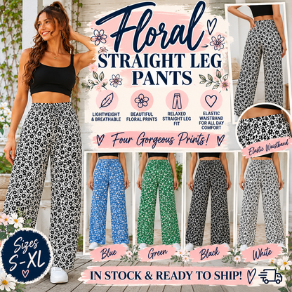 Floral Straight-Leg Pants – High-Waisted Flowy Wide-Leg Pants