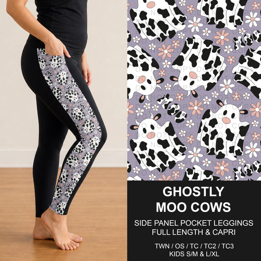 B307 - Preorder Ghostly Moo Cows Side Panel Pocket Leggings (Closes 8/02. ETA: early Oct.)