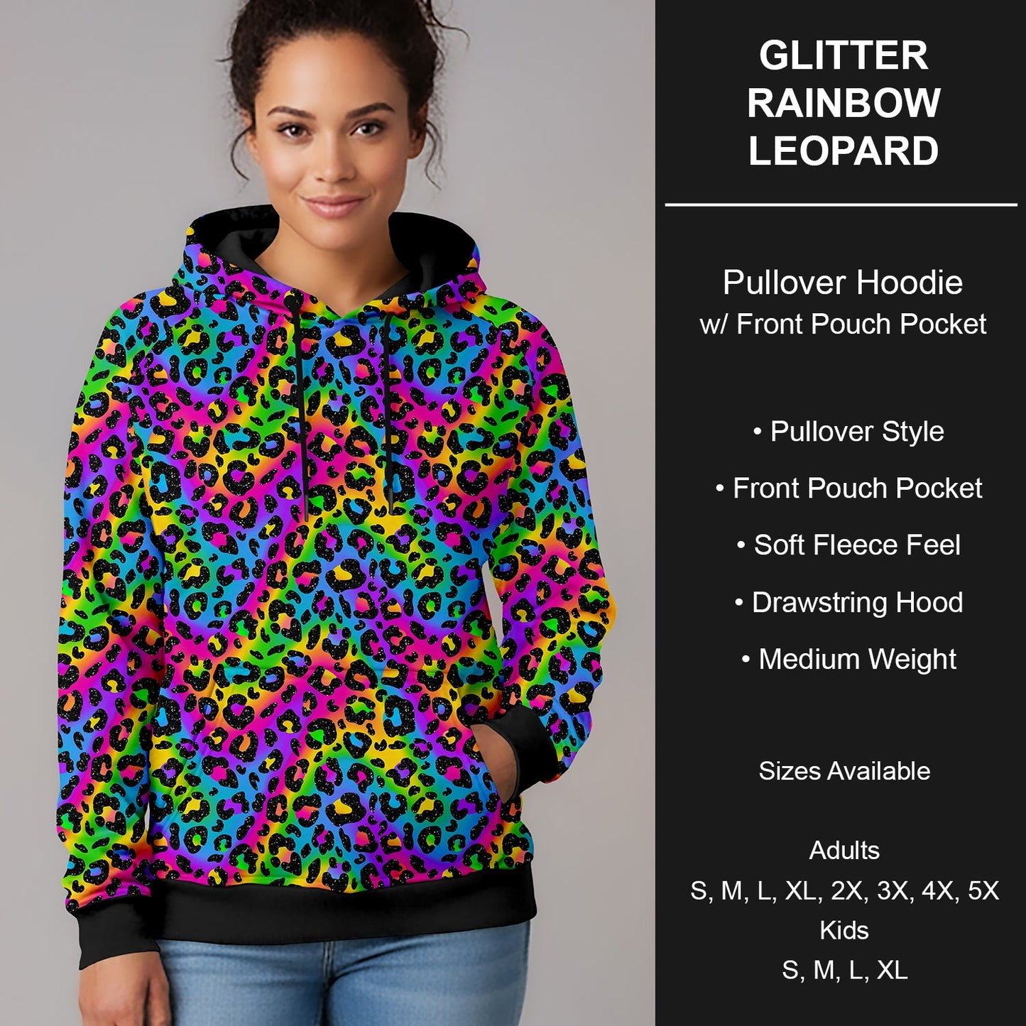 B266 - Preorder Glitter Rainbow Leopard Pullover Hoodie (Closes 12/17. ETA late Feb.)