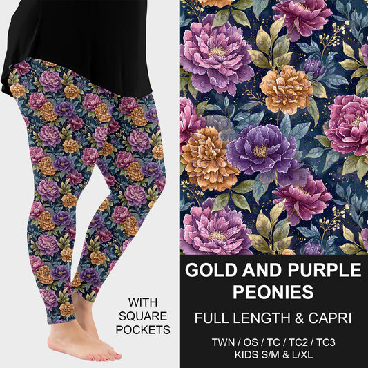 B278 - Preorder Gold and Purple Peonies Leggings w/ Pockets (Closes 3/15. ETA: late May)