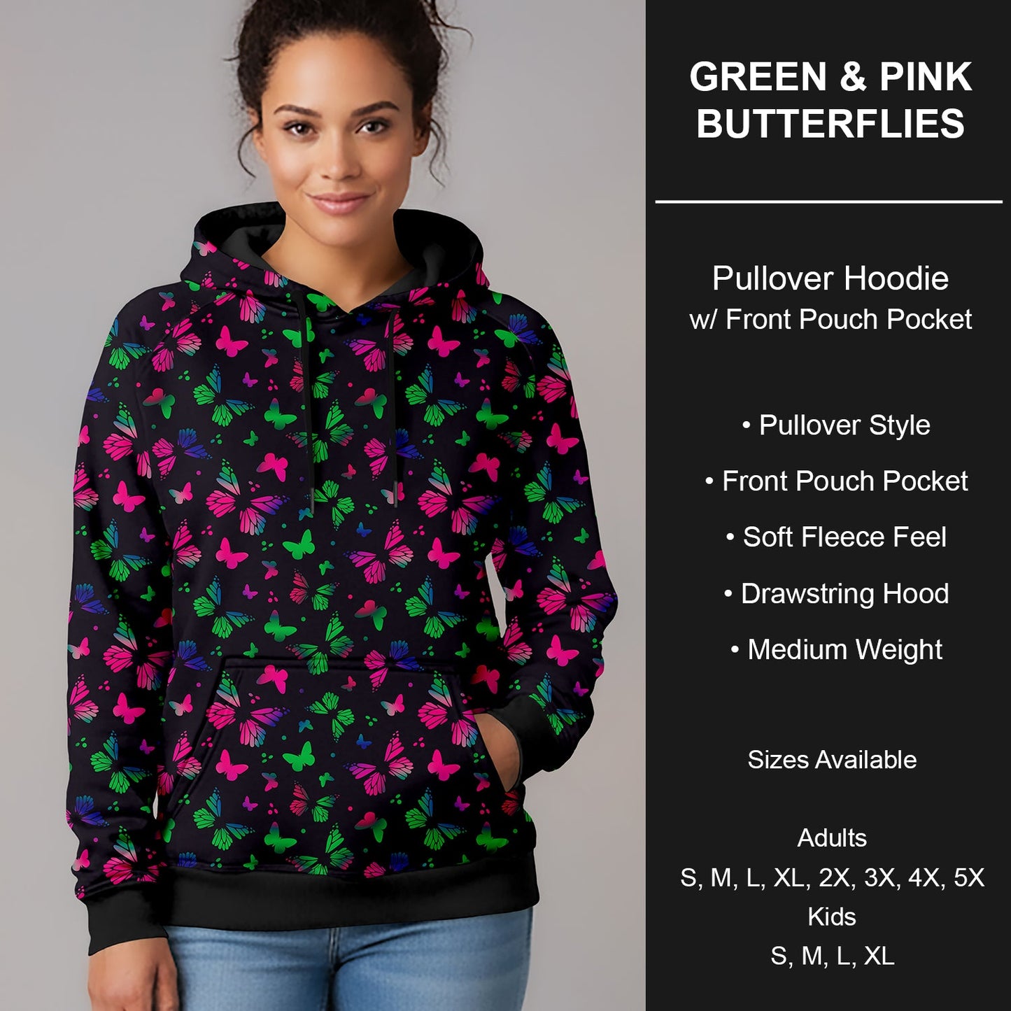 B266 - Preorder Green and Pink Butterflies Pullover Hoodie (Closes 12/17. ETA late Feb.)