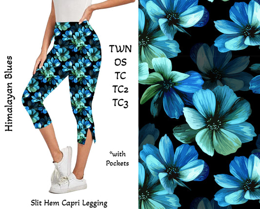 Himalayan  Blues Side Slit Hem Capri Leggings with Pockets
