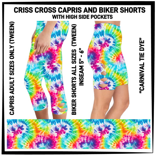 CS8S - Carnival Tie Dye Criss Cross Capris/Biker Shorts with Pockets - Preorder Closing 3/5 ETA: Early May