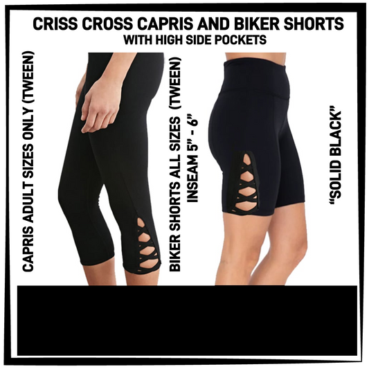 CS8S - Solid Black Criss Cross Capris/Biker Shorts with Pockets - Preorder Closing 3/5 ETA: Early May