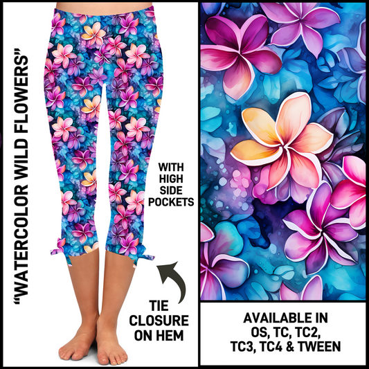 HM4T - Watercolor Wild Flowers Hem Tie Capris with Pockets - Preorder Closing 3/19 ETA: Late May